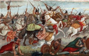 Charles Martel aresztujący muzułmanów w bitwie pod Poitiers w 732. Chromolitografia z XIX wieku. autorstwa French School