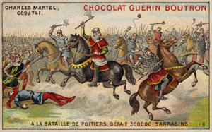 Charles Martel pokonując armię 300 000 Saracenów w bitwie pod Poitiers, 732 (chromolitho) autorstwa French School