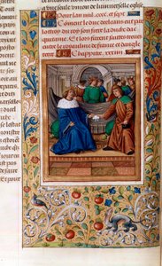 Karol VI i Henryk V podpisujący „Traktat z Troyes” w 1420 r., ilustracja z „Chroniques de Monstrelet” autorstwa French School