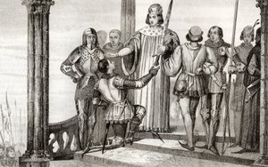 Karol V (1358-80) Mądry przedstawia swój miecz Duguesdinowi, z „Histoire de France” Colarta, wydanej ok. 1840 r. autorstwa French School