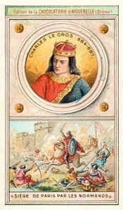 Karol Gruby i oblężenie Paryża przez Wikingów, 885-886 (chromolitho) autorstwa French School