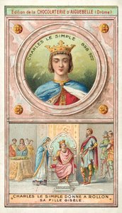 Karol Prosty dający swoją córkę Gisele Rollo z Normandii w małżeństwie, 911 (chromolitho) autorstwa French School