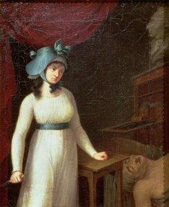 Charlotte Corday (1768-93) i zabójstwo Jeana Paula Marata (1743-93) w jego łaźni autorstwa French School