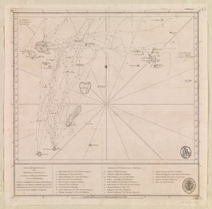 Mapa archipelagu na północ od Mauritiusa sporządzona w 1776 r. przez porucznika francuskiej marynarki wojennej M le Victe Grenier [Obejmuje Seszele, najbardziej wysunięte na południe Malediwy, grupę Mauritius i archipelag Czagos]. autorstwa French School