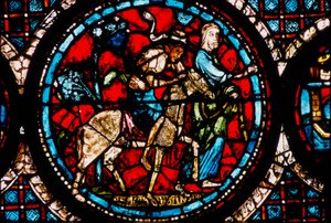 Katedra w Chartres, witraż przedstawiający okrągłego Dobrego Samarytanina autorstwa French School