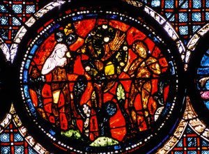 Katedra w Chartres, witraż przedstawiający okrągłego Dobrego Samarytanina (witraż) autorstwa French School