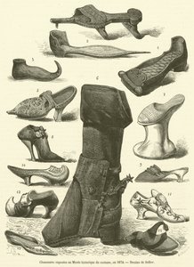 Buty wystawione w Muzeum Kostiumów Historycznych w 1874 r. (rycina) autorstwa French School