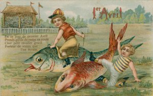Dziecięce dżokeje ścigające się z rybami, karta z 1 kwietnia 1913 r. autorstwa French School