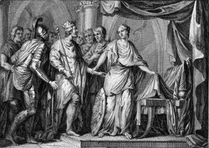 Childebert II (570-596), król Austrazji, po śmierci Gontrana I w 592 roku objął w posiadanie królestwo Burgundii i Orleanu. Rycina z XVIII wieku. autorstwa French School