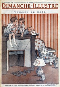 Dzieci siedzące na kominie, zastawiające pułapkę na Ojca Gwiazdkę, dla gazety "Le Dimanche illustrious" na Boże Narodzenie 1930 r. (rycina) autorstwa French School