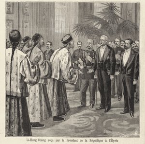 Chiński polityk i dyplomata Li Hongzhang przyjęty przez francuskiego prezydenta Felixa Faure w Pałacu Elizejskim w Paryżu autorstwa French School