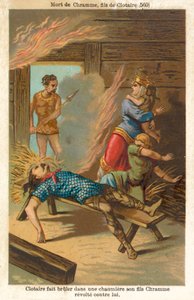 Chlothar I, król Franków, pali na śmierć swojego zbuntowanego syna Chrama i jego rodzinę, 560 (chromolitho) autorstwa French School
