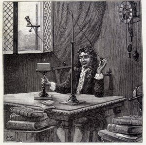 Christian Huyghens obserwujący „”skłonność do ruchu”” lub elastyczność ciała – w „”Physique Populaire”” Emile Desbeaux autorstwa French School