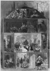 Wigilia: przekrój paryskiego budynku przedstawiający różne sposoby świętowania sylwestra. Grawer w „Le Monde Illustré” nr 810 z 19 października 1872 r. autorstwa French School