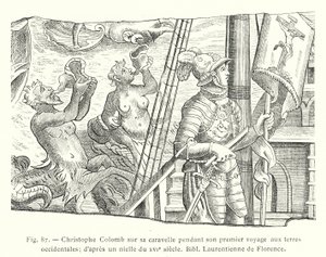 Krzysztof Kolumb na swojej karaweli podczas swojej pierwszej wyprawy na ziemie zachodnie; wg niella z XVI w. Bibl Laurentienne de Florence (rycina) autorstwa French School