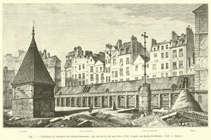 Cmentarz i masowe groby świętych-niewinnych, od strony rue aux Fers, 1780, wg rysunku Berniera, coll. A Lenoir autorstwa French School