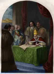Klemens XIV (Klemente lub Klemens) (1705-1774) znoszący Towarzystwo Jezuitów 21 lipca 1773. Rycina z 1842 roku w „Histoire des Popes: Zbrodnie, morderstwa, otrucia, ojcobójstwa, cudzołóstwa, kazirodztwo... Maurice Lachatre. Prywatna kolekcja. autorstwa French School