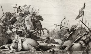 Clodion, Włochaty (ok. 428-47) Retreats Across the Bridge po klęsce Aetiusa, z „Histoire de France” Colarta, wydanej ok. 1840 r. autorstwa French School