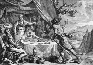 Klodion Włosów (ok. 400-448), przywódca franków Salian, dowiaduje się o niespodziewanym ataku wojsk generała Ecjusza, prefekta Galów w 432. Rycina z XVIII wieku. autorstwa French School