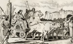 Clovis III (682-95) w rydwanie ciągniętym przez woły, z Pepinem II z Herstalu (ok. 714) jadącym obok niego, z „Histoire de France” Colarta, wydanej ok. 1840 r. autorstwa French School