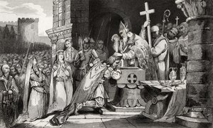 Clovis I (465-511) ochrzczony wraz z mężczyznami ze swojej armii przed bitwą pod Tolbiac, z „Histoire de France” Colarta, wydanej ok. 1840 r. autorstwa French School