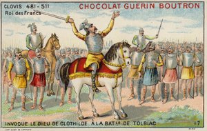 Clovis I przyzywający Boga Klotyldy w bitwie pod Tolbiac, 496 (chromolitho) autorstwa French School