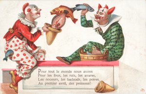 Klauni żonglują rybami na 1 kwietnia autorstwa French School