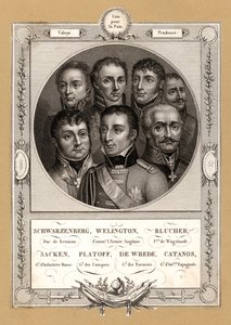 Koalicyjni dowódcy wojskowi wojen napoleońskich: Fabian Gottlieb von der Osten-Sacken, rosyjski generał piechoty; Matwiej Płatow, rosyjski generał dowódca Kozaków Dońskich; Karl Philipp von Wrede, generał Bawarii; Francisco Javier Castanos, Sp autorstwa French School