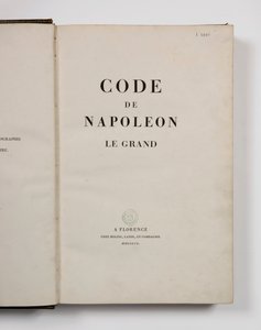 Kodeks Napoleona Wielkiego, otwarty na stronie tytułowej, opublikowany Florencja, Molini, Landi et Cie, 1809 autorstwa French School