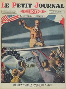 Pułkownik Charles Lindbergh (1902-74) po przybyciu na lotnisko Le Bourget po pierwszym transatlantyckim locie z Nowego Jorku do Paryża w dniu 21 maja 1927, okładka Le Petit Journal, 5 czerwca 1927 (płk
