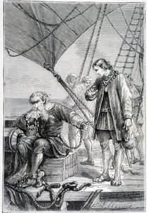 Kolumb związany jak złoczyńca (na pokładzie statku), chory. „”Odkrycie de la Terre””Jules Verne, wyd. Hetzel, b.d. 19. autorstwa French School