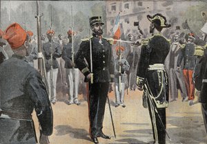 Komandor Jean-Baptiste Marchand (1863-1934) otrzymał tytuł dowódcy Legii Honorowej 30 maja 1899 w Tulonie z rąk admirała de La Jaille (1836-1925), otoczył senegalskich jeźdźców afrykańskiej misji eksploracyjnej (Misja marsz autorstwa French School