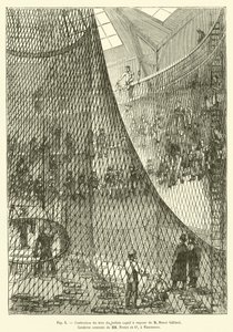 Wykonanie sieci uwięzionego balonu parowego M Henri Giffard, Corderie centrale MM Fretet et Ce, w Vincennes (rycina) autorstwa French School