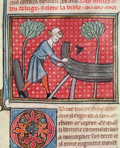 Budowa łodzi, z Bible Historyle autorstwa Guiart des Moulins