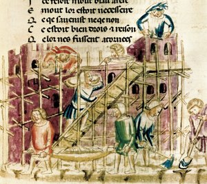 „Budowa twierdzy” Miniatura rękopisu z XIV w. Paryż, B.N. autorstwa French School