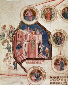 Miejsce budowy wieży Babel w Babilonie Strona zaczerpnięta z manuskryptu "Genealogia Biblii" szkoły francuskiej. XIV wiek Cremone, biblioteca governativa autorstwa French School