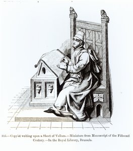 Kopista piszący na kartce welinowej, z rękopisu, ilustracja z Nauki i literatury w średniowieczu i renesansie, napisany i rytowany przez Paula Lacroix, 1878 (bw p autorstwa French School