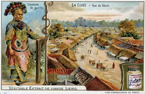 Coree: Ulica Seulu i strój kobiecy - chromo Liébig, v.1900 autorstwa French School