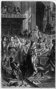 Koronacja cesarza Ottona I (912-973) przez papieża Jana XII w 962 r. Grawerowanie w „Histoire des Papes-King-Queen-and-Empereurs a travers les century” autorstwa Maurice Lachatre autorstwa French School