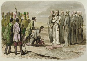 Cortes u stóp Martina de Valencia (ręcznie barwiony grawerunek) autorstwa French School