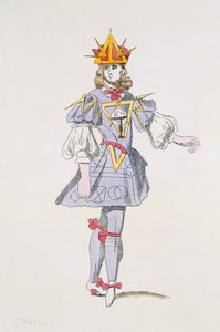 Projekt kostiumu dla Geometrii w balecie dworskim z XVII wieku, z kolekcji Menus Plaisirs, faksymile A. Guillaumota Fils (kolorowe grawerowanie) autorstwa French School