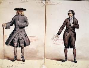 Projekt kostiumu do pierwszej produkcji Chattertona Alfreda de Vigny (1791-1863): Quaker i Geffroy jako Chatterton, 1835 (wc na papierze) autorstwa French School