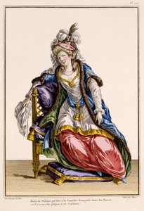 Kostium dla żony sułtanów w La Comedie Francaise, grafika Patusa (ręcznie kolorowana grawerunek) autorstwa French School