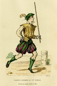Kostium lokaja z XV w., któremu powierzono bieganie przed powóz, aby uwolnić drogę i ogłosić przejście szlachcica lub lorda. Grawerowanie kolorem, w „France et les francais a travers les century”” Augustin Challamel, F.Roy ed autorstwa French School
