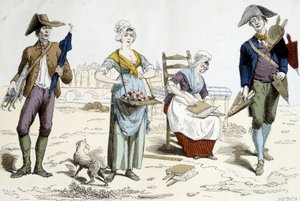 Kostiumy Paryża na przestrzeni wieków. Ilustracja XVIII-wiecznej odzieży: kupiec parasoli, kwiatów, kartonu na materace i kupca miechów. autorstwa French School