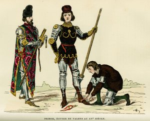 Kostiumy księcia, jego ecu i lokaja w XV wieku. Grawerowanie kolorem, w „France et les francais a travers les Century” Augustina Challamela, redaktora F.Roya, Paryż 1882. Kolekcja Selva. autorstwa French School