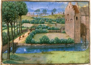 Cott Aug A V f.345v Flamandzki krajobraz z młynem wodnym na pierwszym planie i wiatrakiem w tle, z „Histoire Universelle”, c.1286 (welum) autorstwa French School