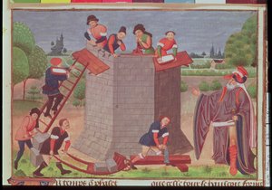 Cott Aug V fol.22 Budowa wieży Babel, miniatura z „Le Tresor des Histoires” (welum) autorstwa French School