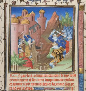 Bawełna Nero E II pt.1, f.222, Bitwa Ludwika VII i jego ojca, z Grandes Chroniques de France autorstwa French School