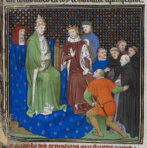 Bawełna Nero E II pt2 fol.100v Templariusze przed Filipem IV (1268-1314) i papieżem Klemensem V (ok. 1260-1320), z „Grandes Chroniques de France” (welum) autorstwa French School